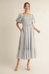 Light Blue Gingham Smocked Puff Sleeve Maternity Midi Dress