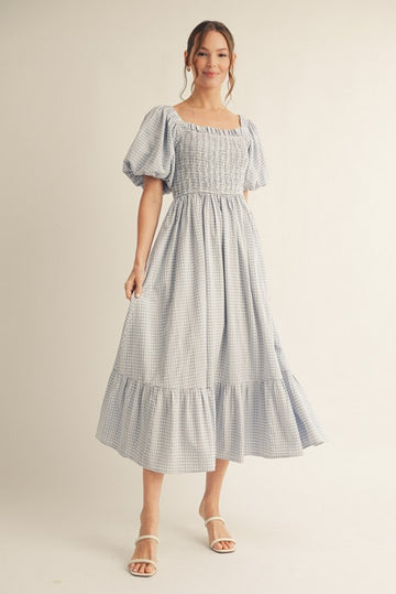 Light Blue Gingham Smocked Puff Sleeve Midi Dress