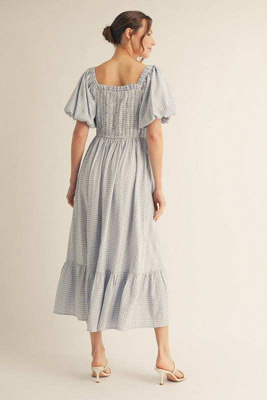 Light Blue Gingham Smocked Puff Sleeve Midi Dress