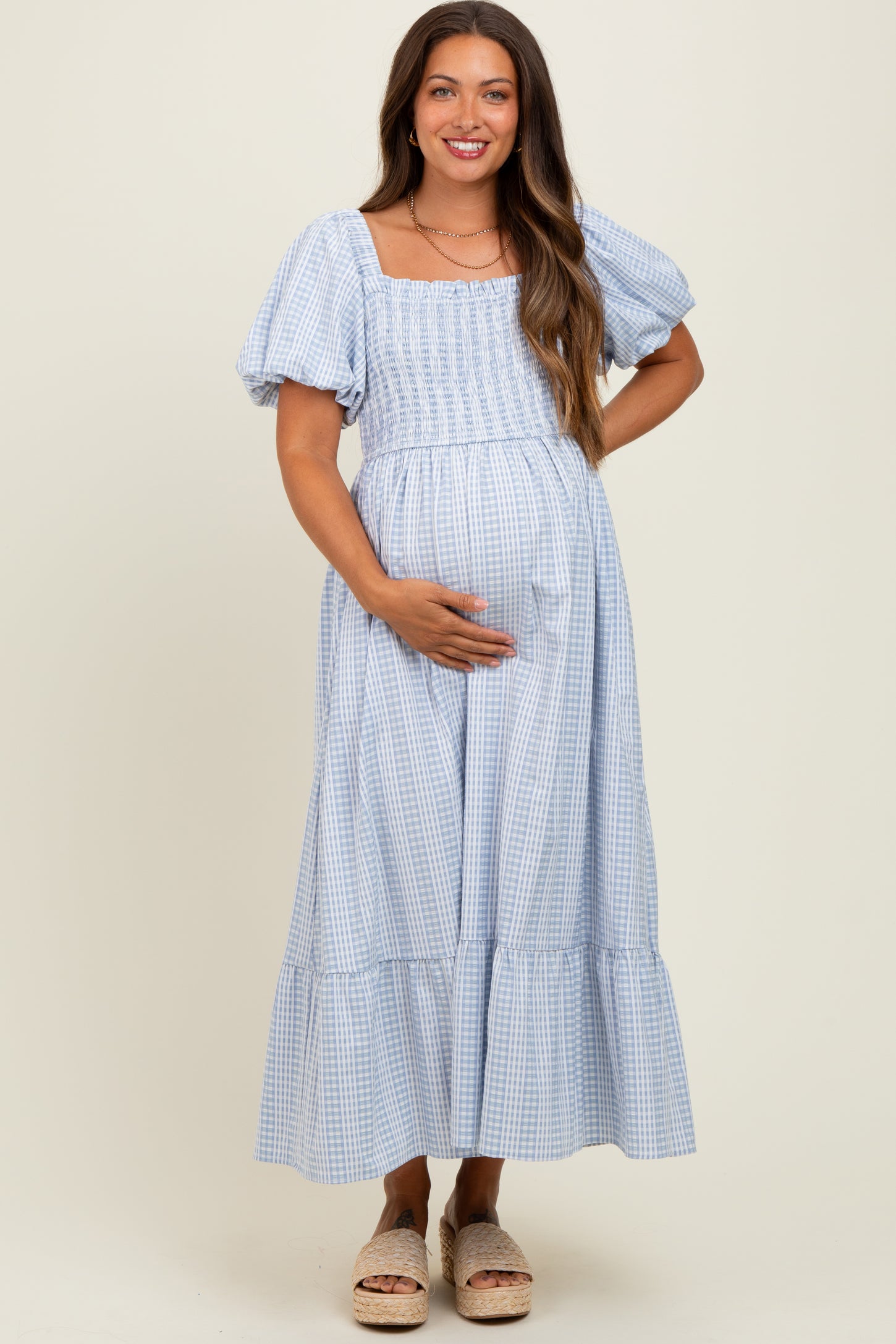 Light Blue Gingham Smocked Puff Sleeve Maternity Midi Dress