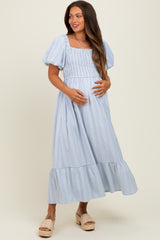 Light Blue Gingham Smocked Puff Sleeve Maternity Midi Dress