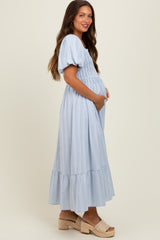 Light Blue Gingham Smocked Puff Sleeve Maternity Midi Dress