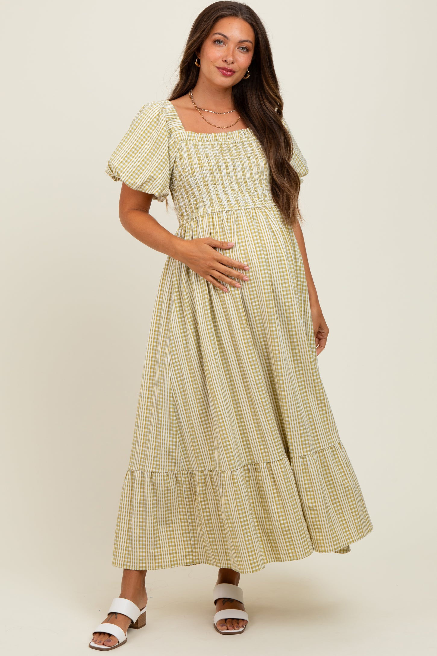 Light Olive Gingham Smocked Puff Sleeve Maternity Midi Dress