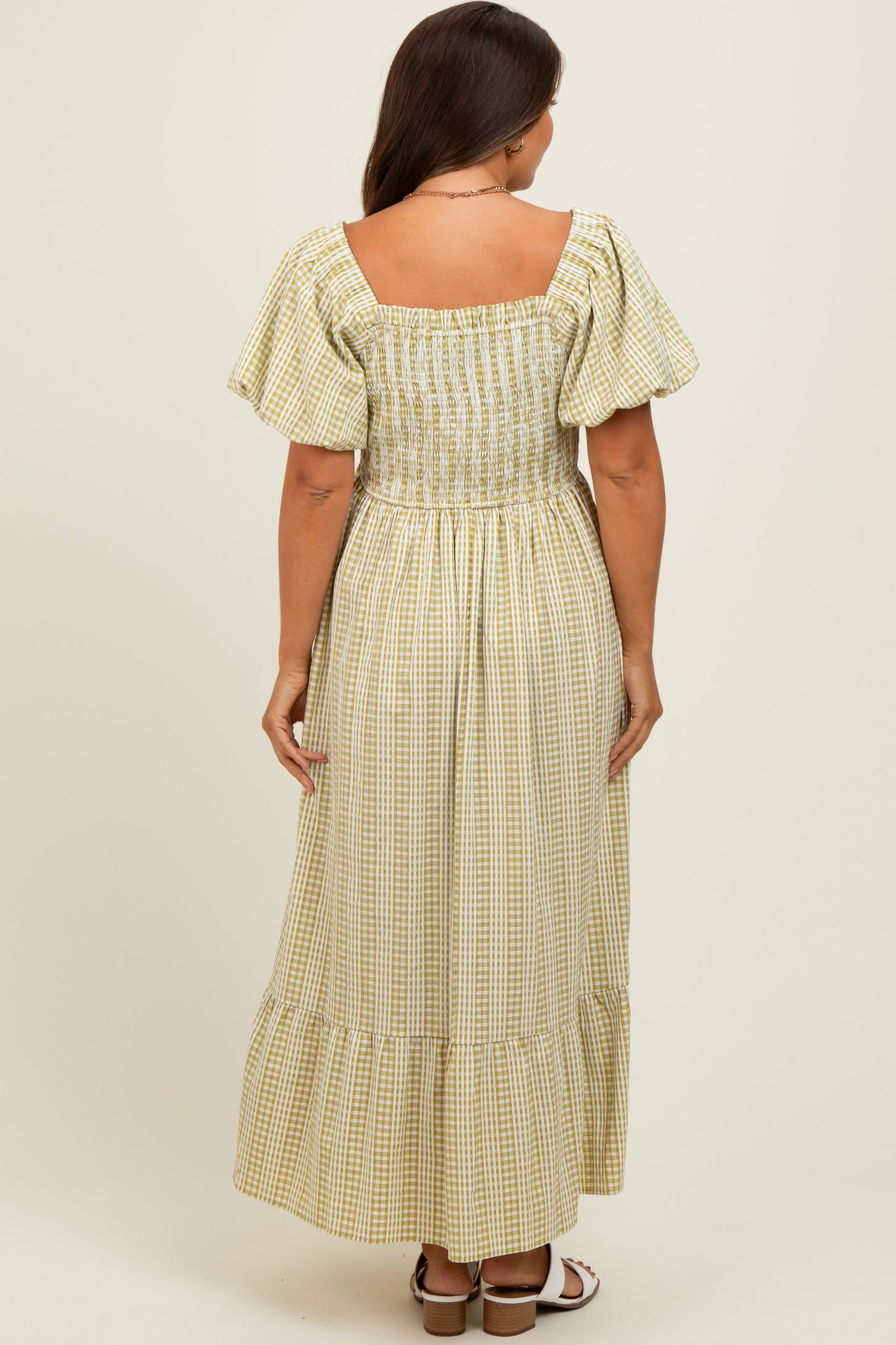 Light Olive Gingham Smocked Puff Sleeve Maternity Midi Dress
