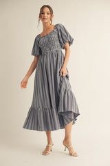Navy Gingham Smocked Puff Sleeve Maternity Midi Dress