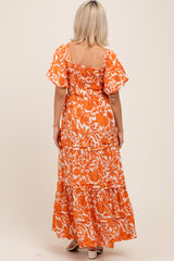 Orange Floral Smocked Puff Sleeve Maternity Maxi Dress