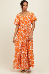 Orange Floral Smocked Puff Sleeve Maxi Dress