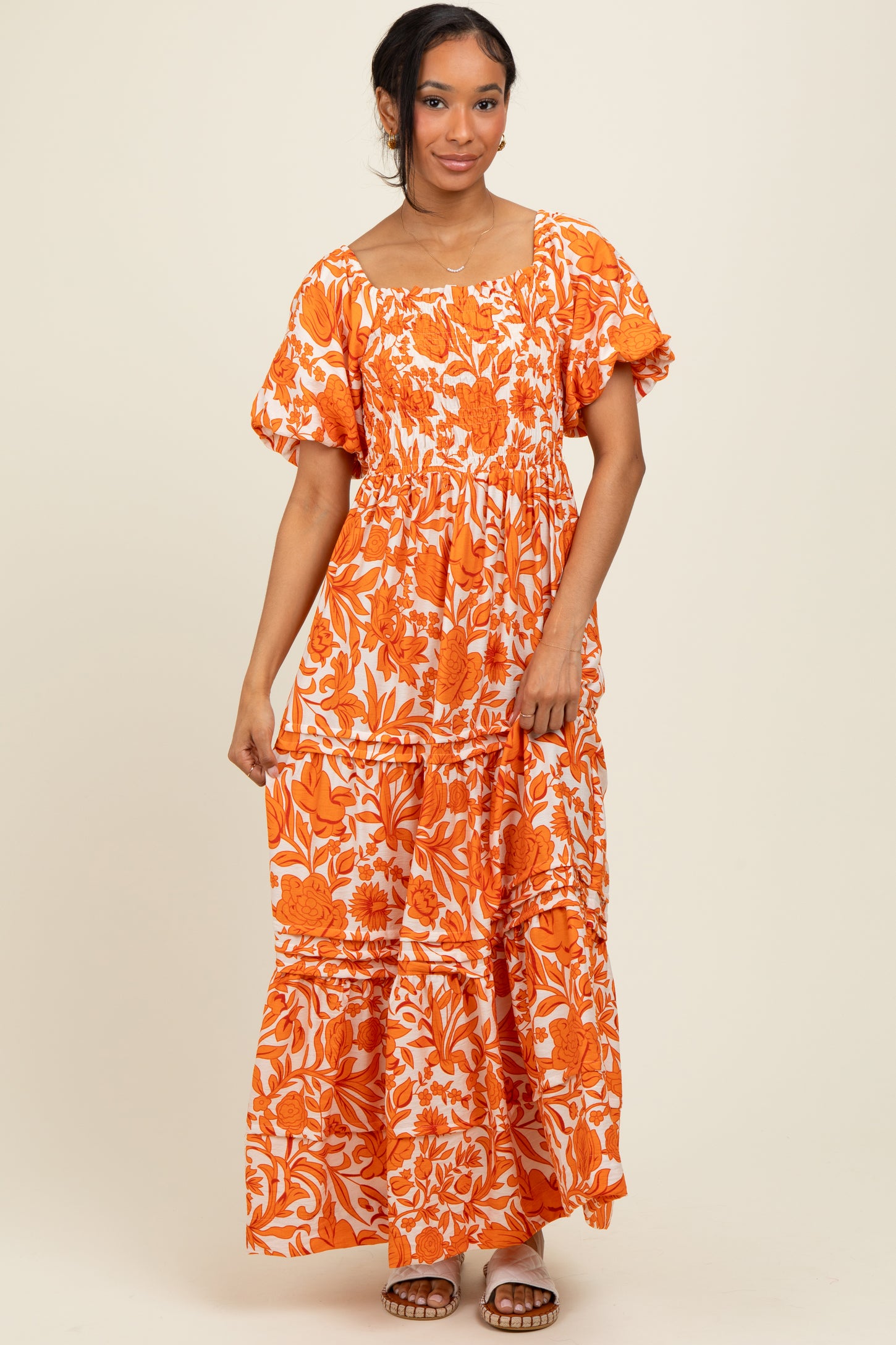 Orange Floral Smocked Puff Sleeve Maternity Maxi Dress