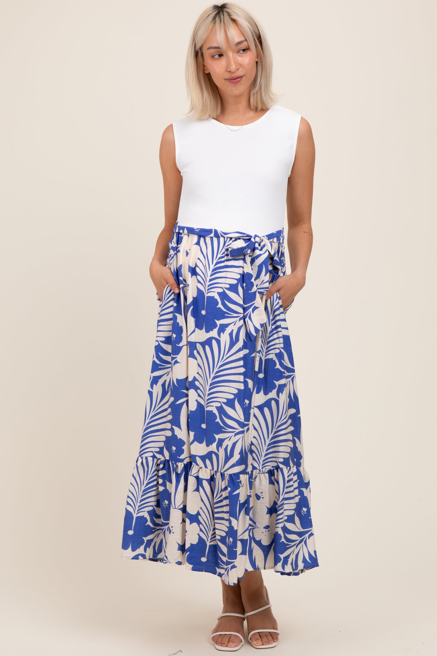 Blue Floral Contrast Top Sash Tie Sleeveless Maternity Midi Dress