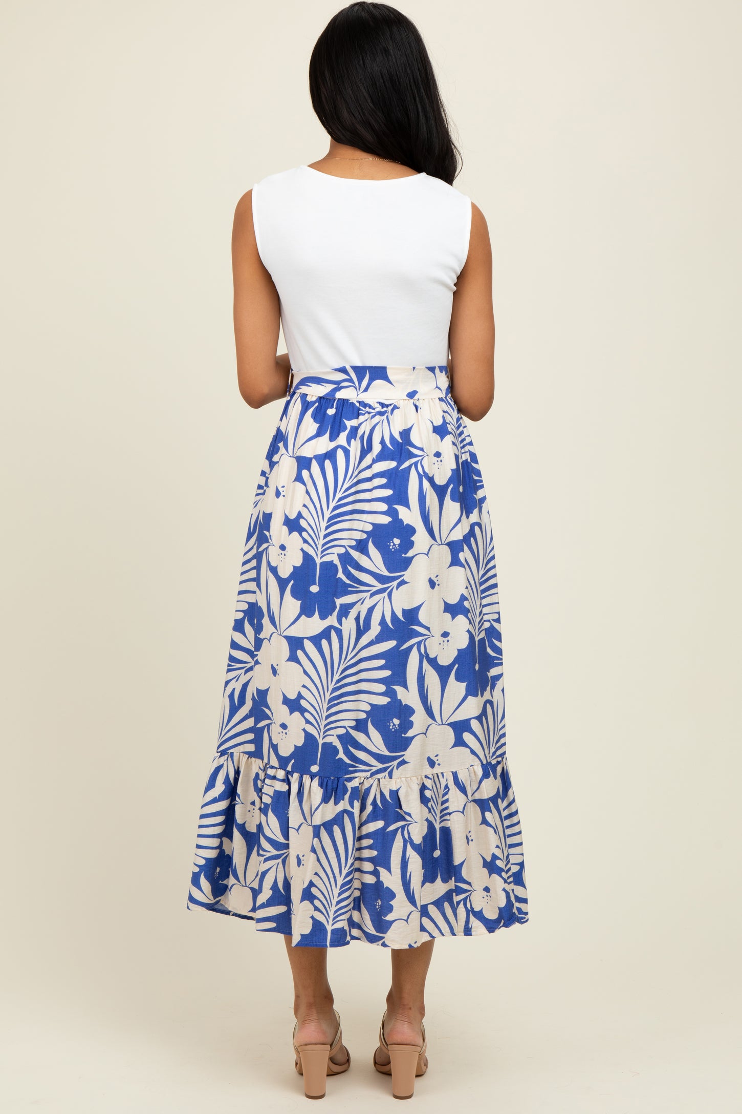 Blue Floral Contrast Top Sash Tie Sleeveless Midi Dress