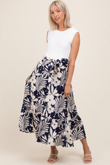 Navy Floral Contrast Top Sash Tie Sleeveless Maternity Midi Dress