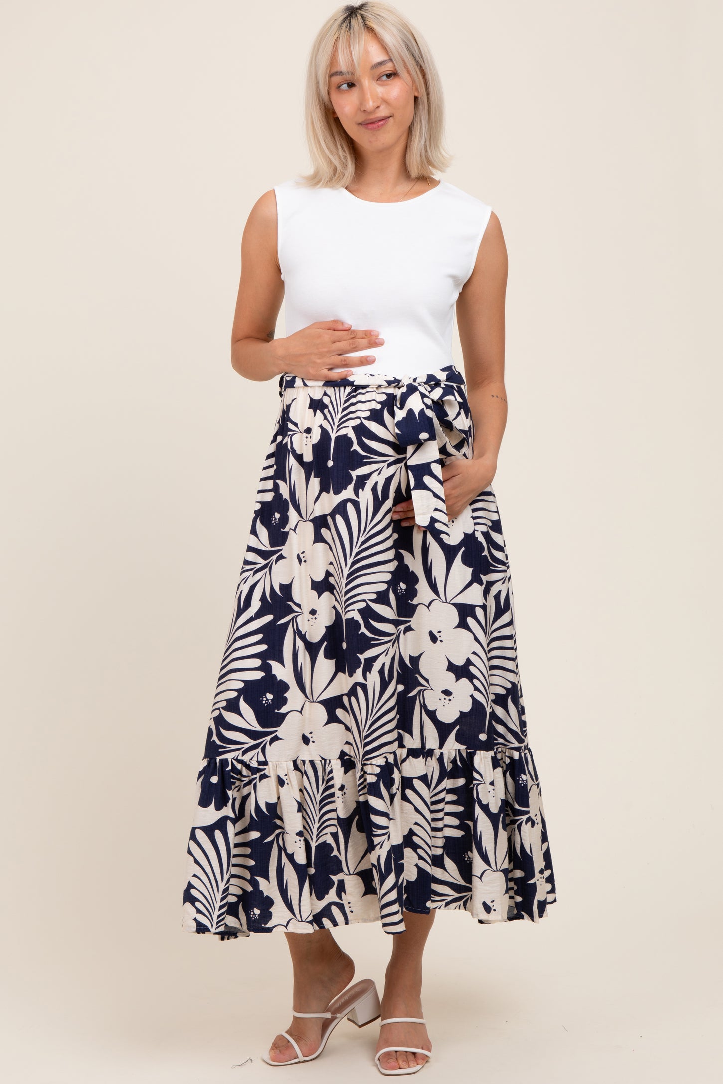 Navy Floral Contrast Top Sash Tie Sleeveless Maternity Midi Dress