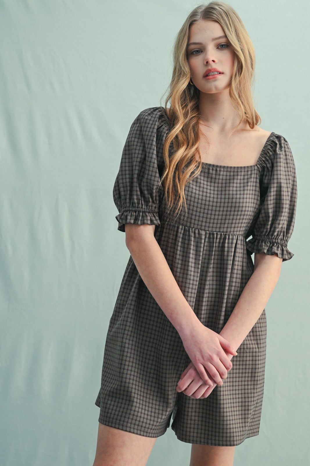 Mocha Plaid Square Neck Puff Sleeve Romper
