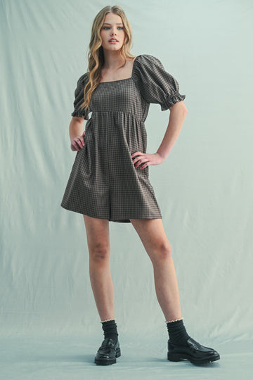 Mocha Plaid Square Neck Puff Sleeve Romper