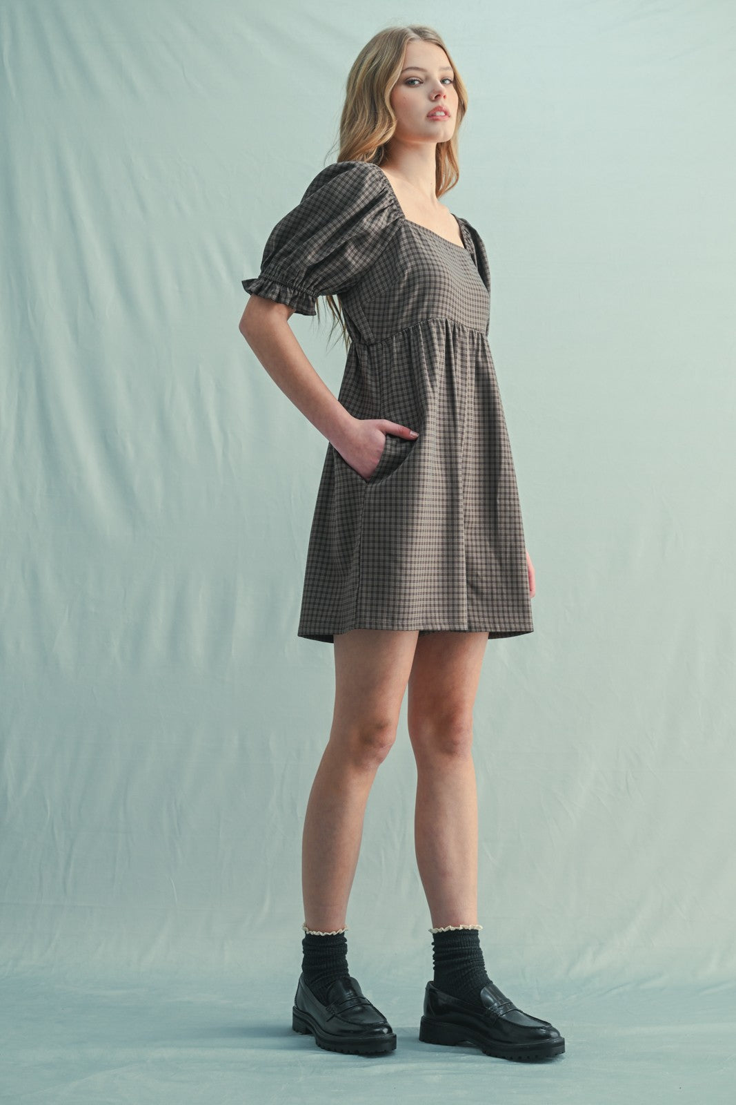 Mocha Plaid Square Neck Puff Sleeve Romper