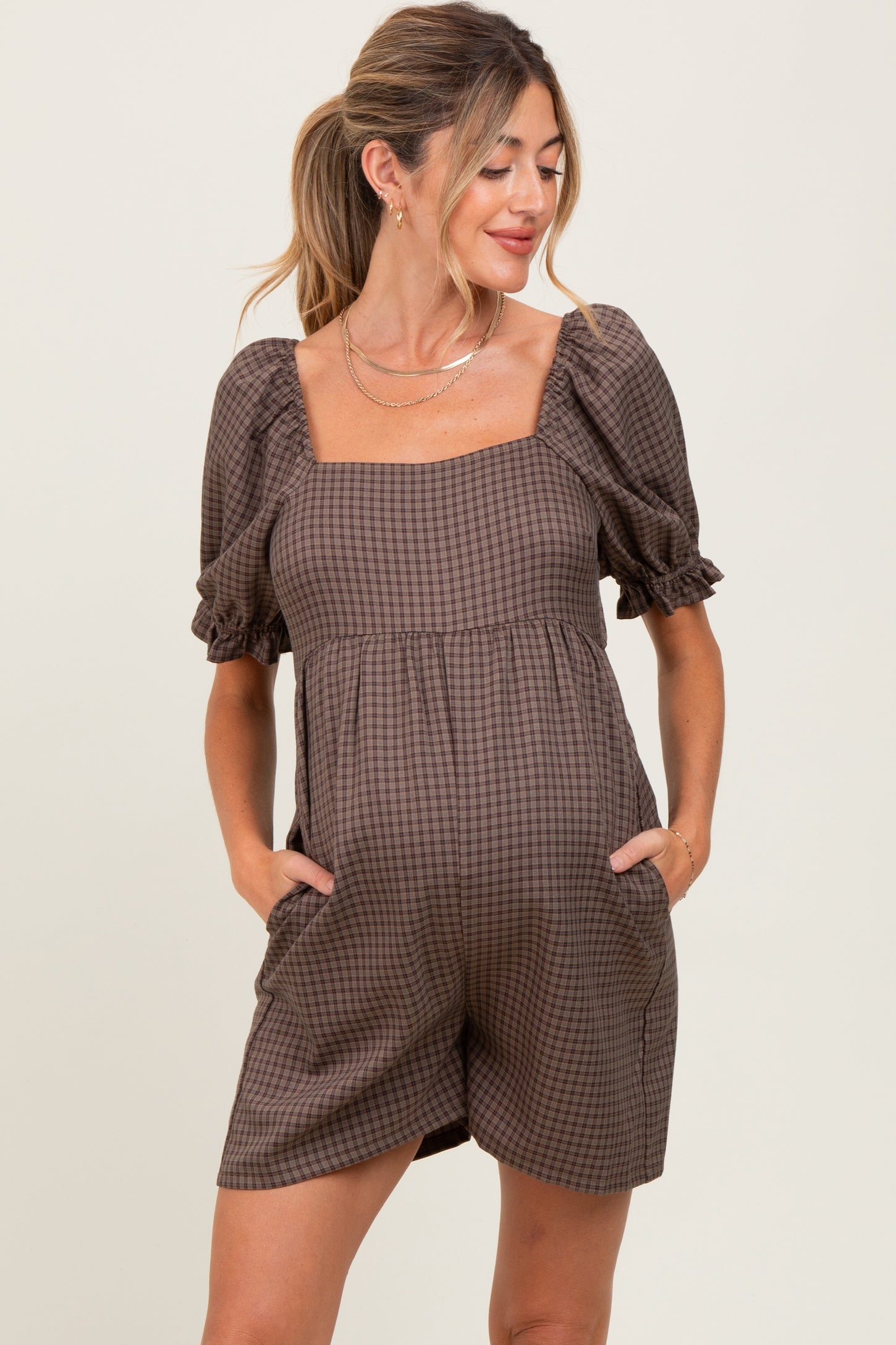 Mocha Plaid Square Neck Puff Sleeve Maternity Romper
