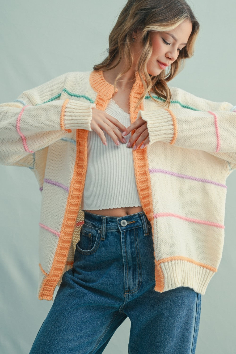 Cream Multicolor Stripe Chunky Knit Cardigan