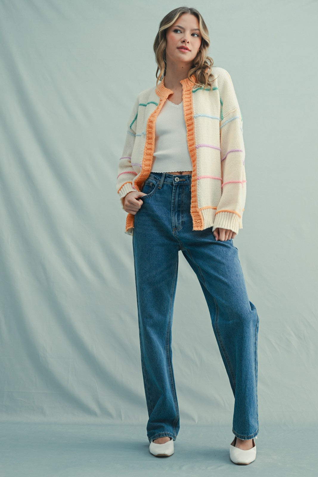 Cream Multicolor Stripe Chunky Knit Cardigan