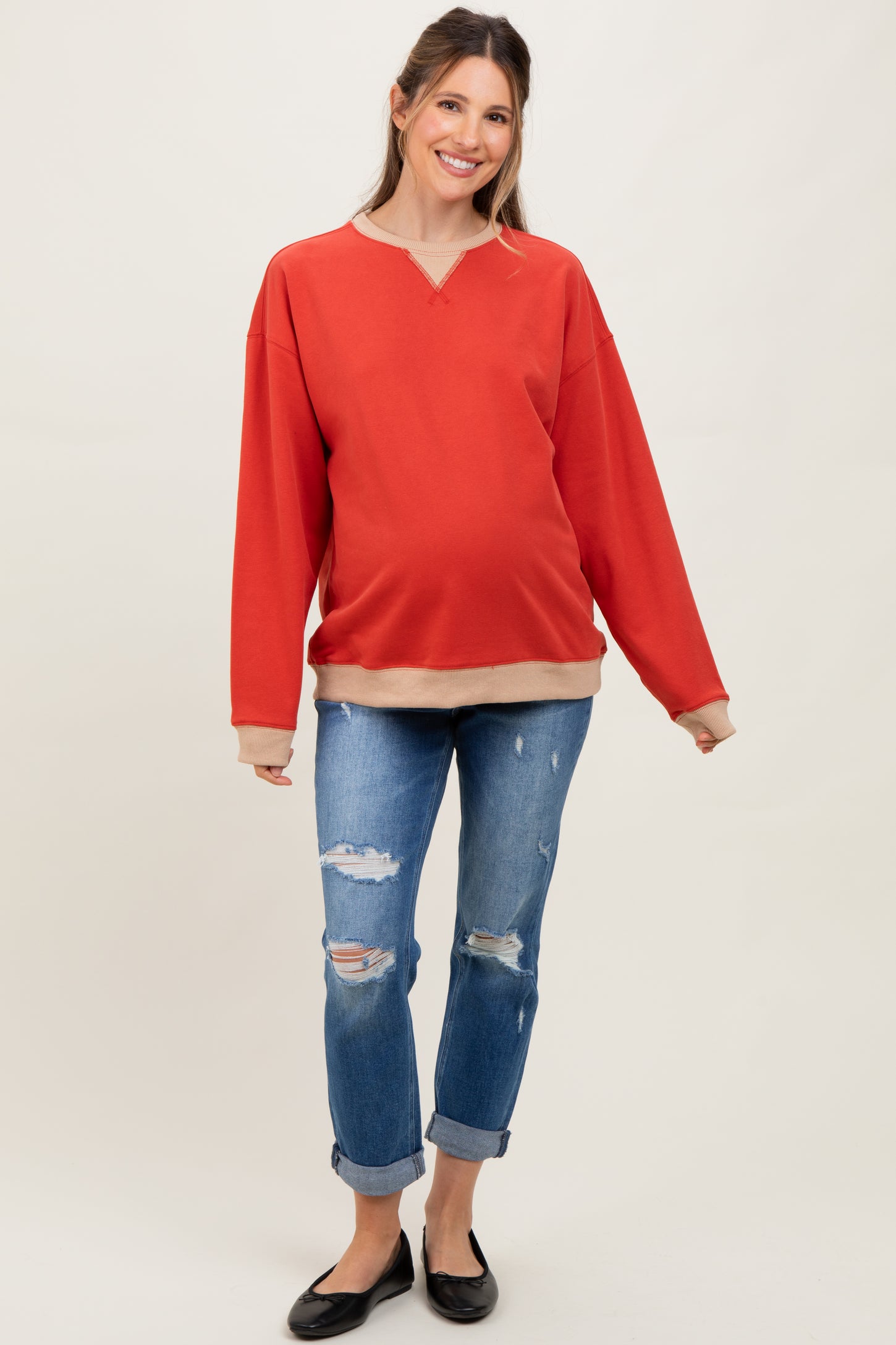 Red Colorblock Maternity Pullover Top