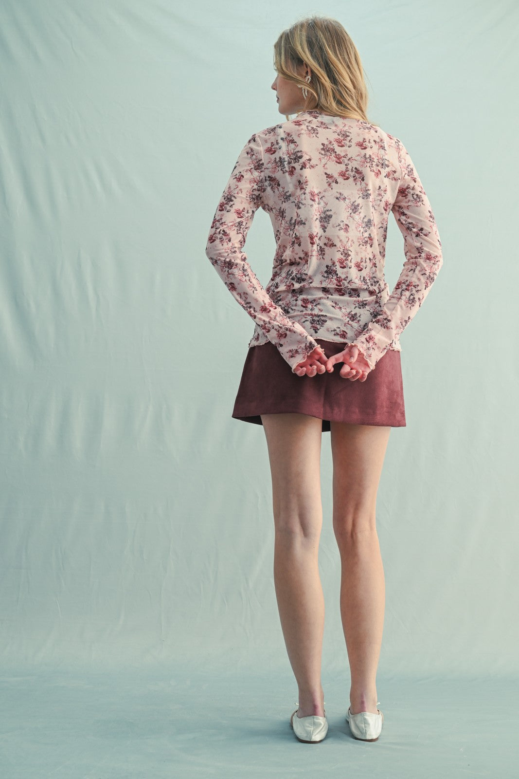 Cream Rose Floral Mesh Long Sleeve Top