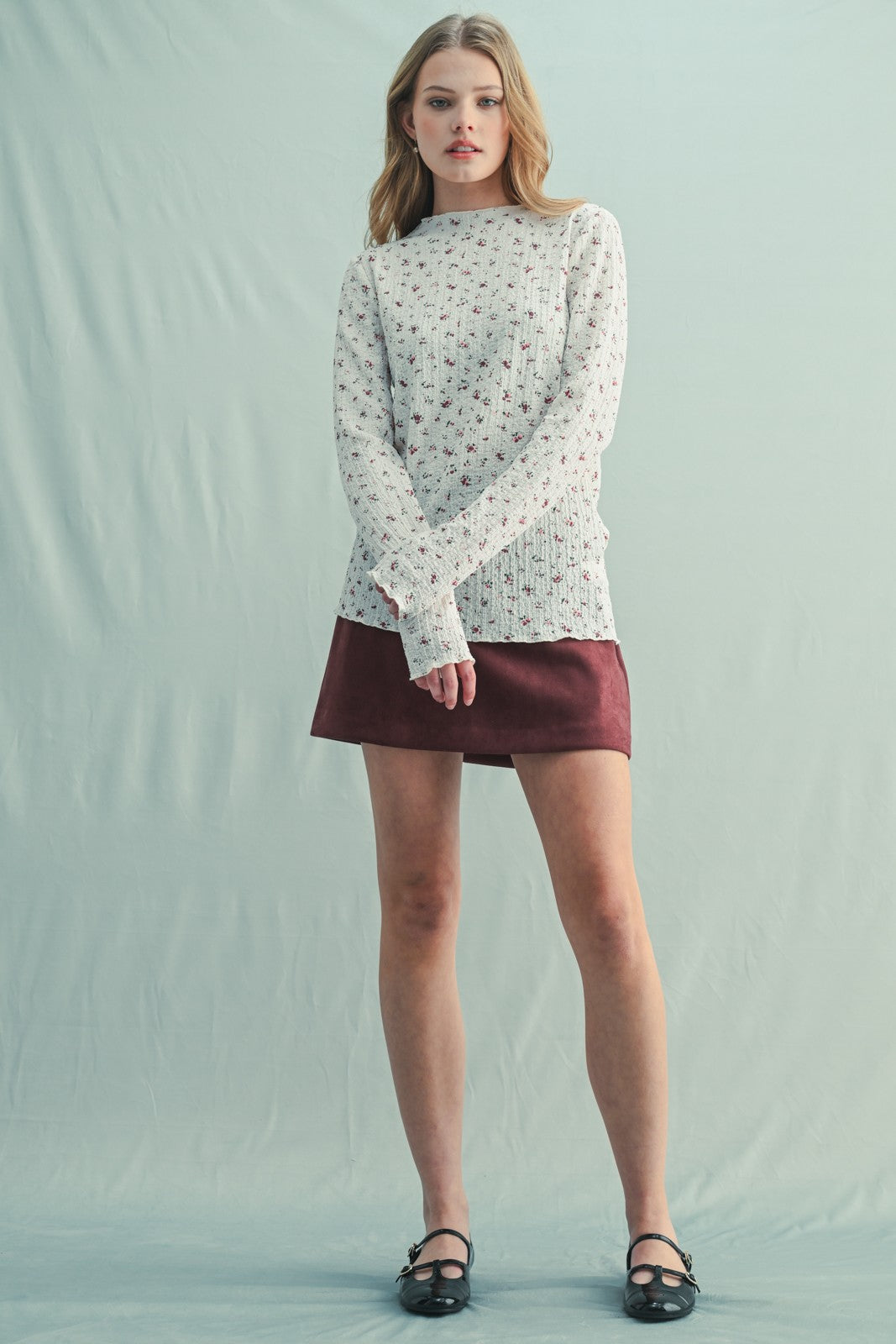 Ivory Floral Crinkled Texture High Neck Long Sleeve