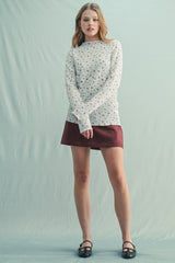 Ivory Floral Crinkled Texture High Neck Long Sleeve