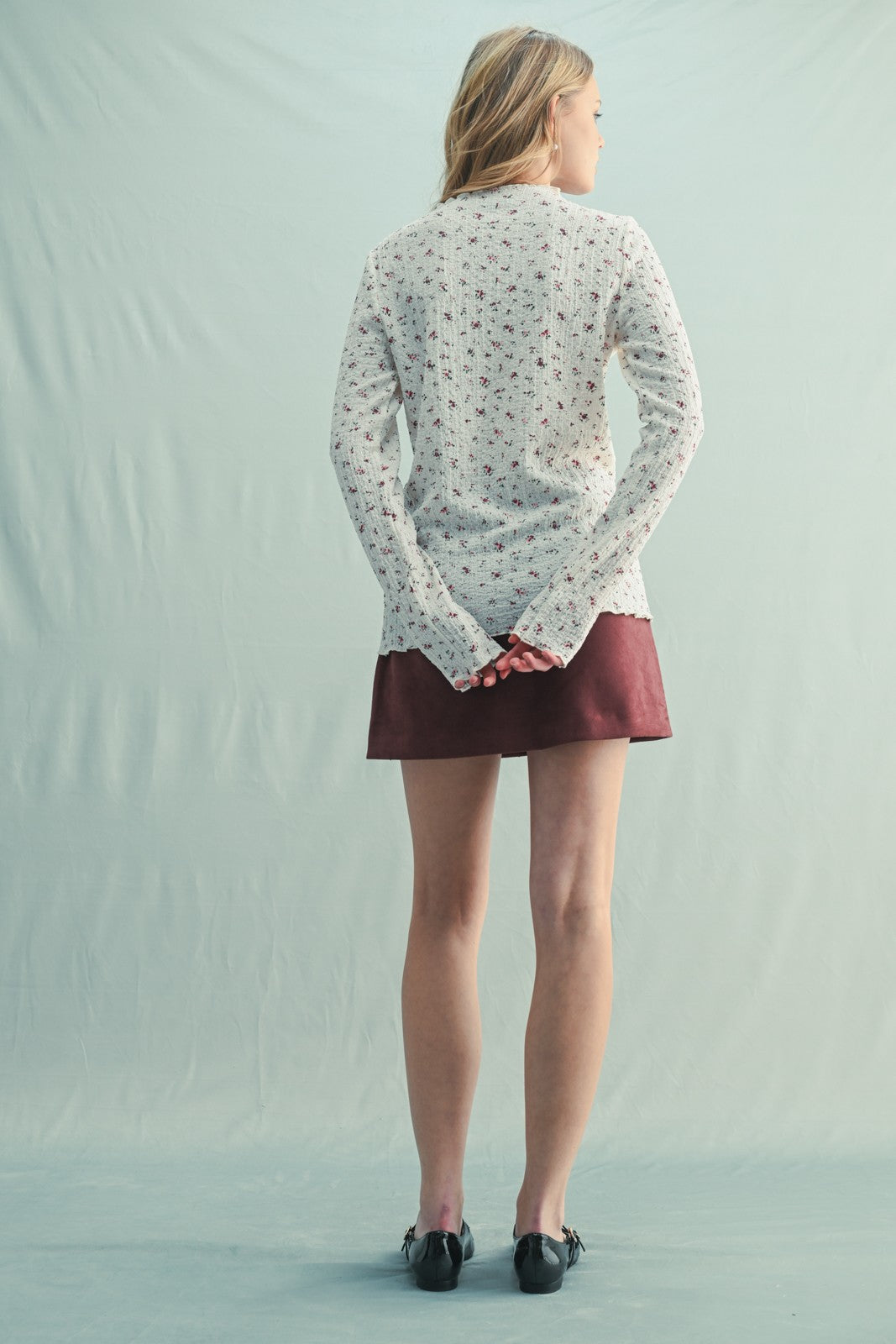 Ivory Floral Crinkled Texture High Neck Long Sleeve