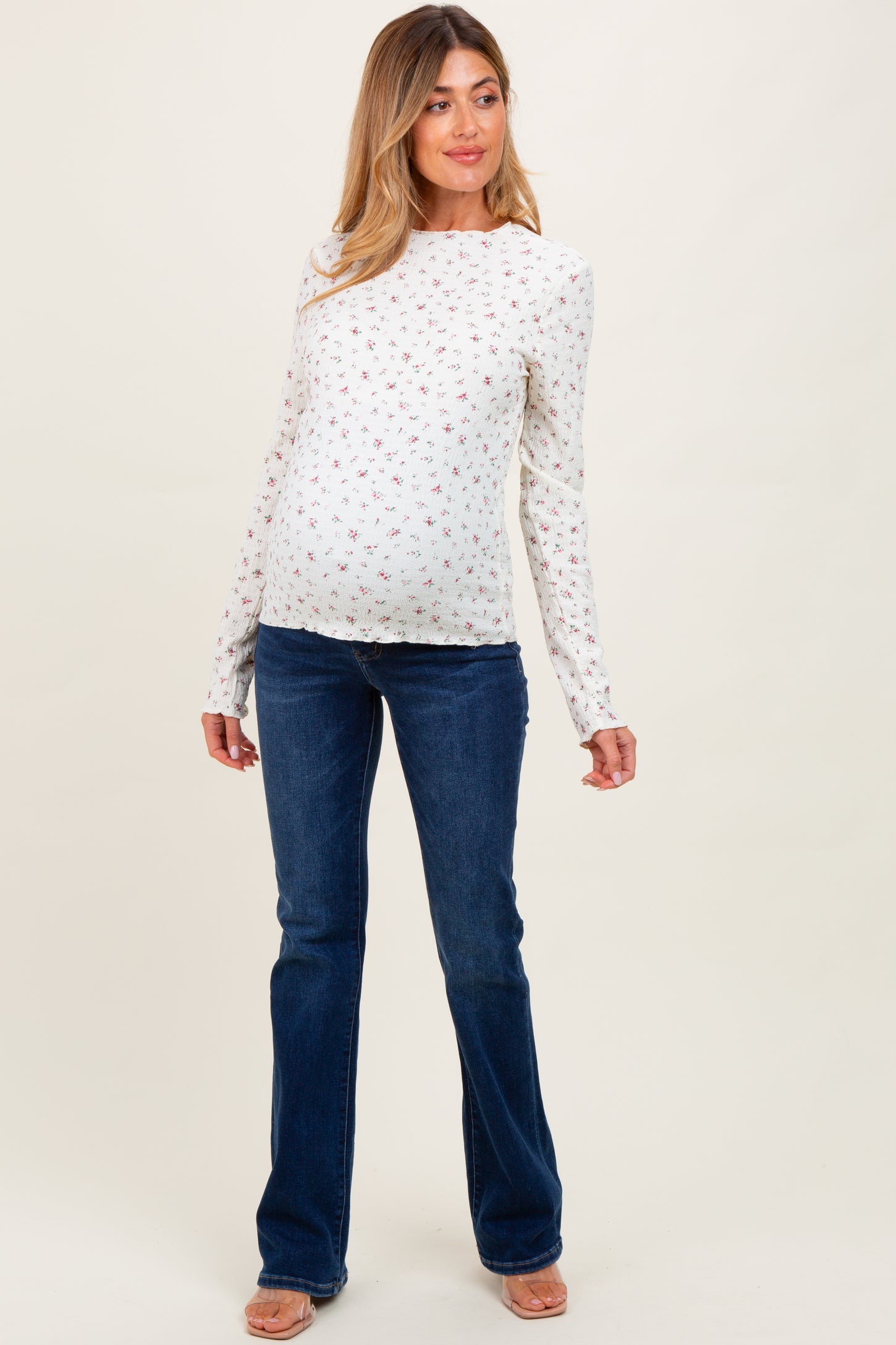 Ivory Floral Crinkled Texture High Neck Maternity Long Sleeve