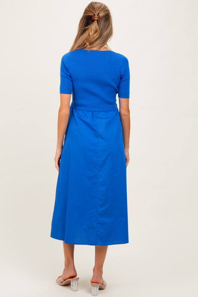 Blue Contrast Knit Top Maternity Midi Dress
