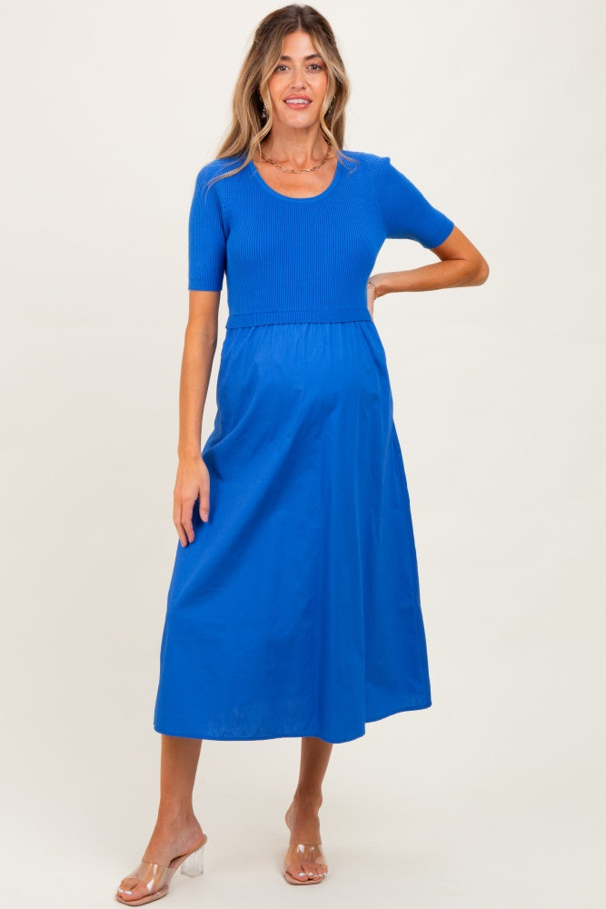 Blue Contrast Knit Top Maternity Midi Dress