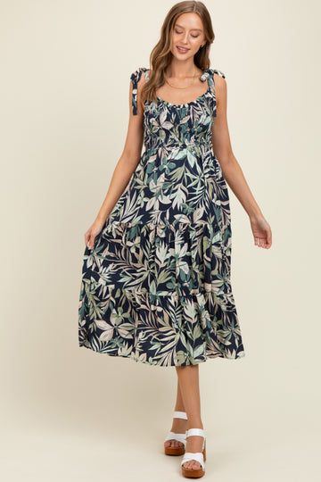 Navy Tropical Print Smocked Shoulder Tie Maternity Midi Dress