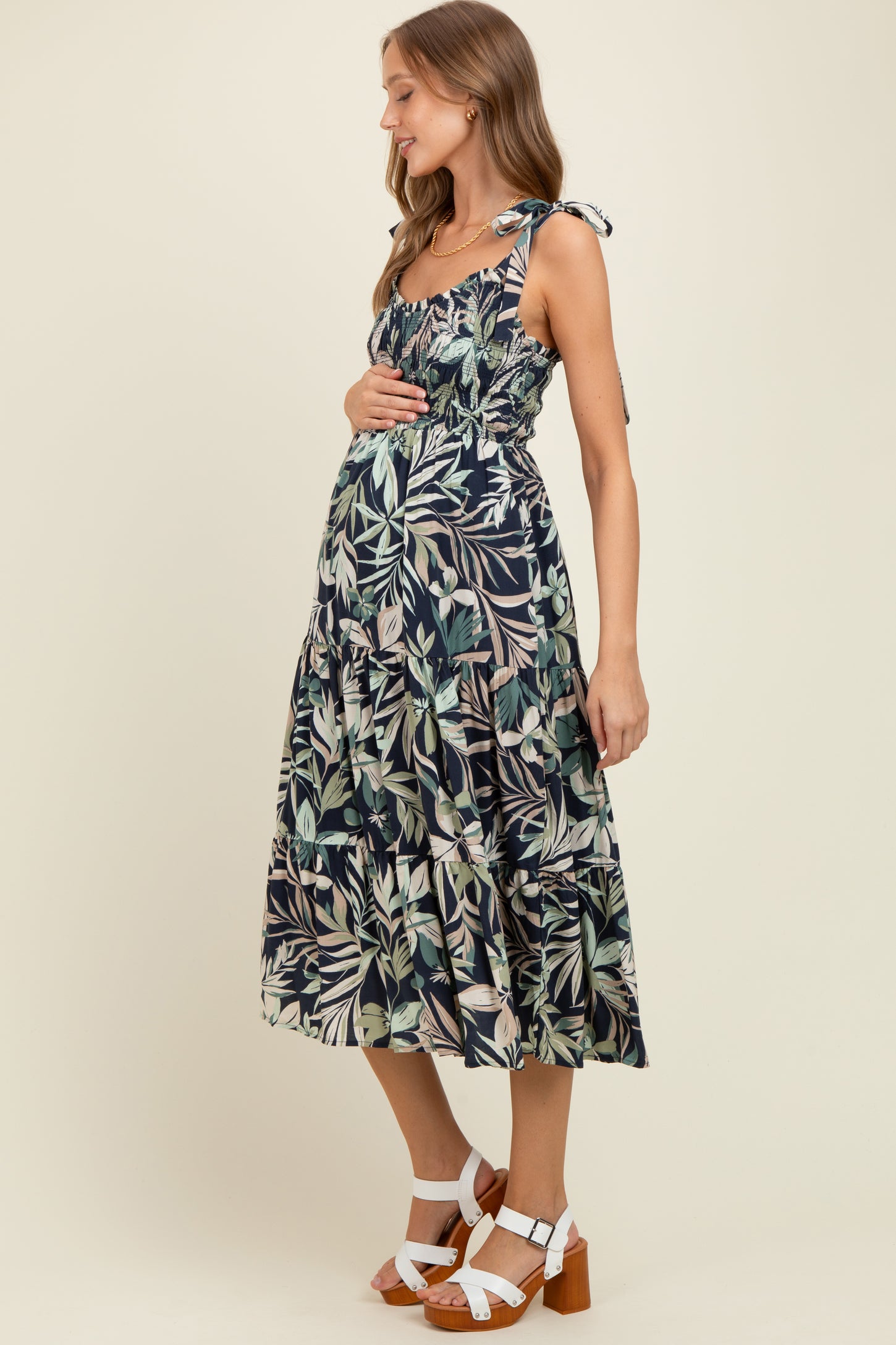 Navy Tropical Print Smocked Shoulder Tie Maternity Midi Dress