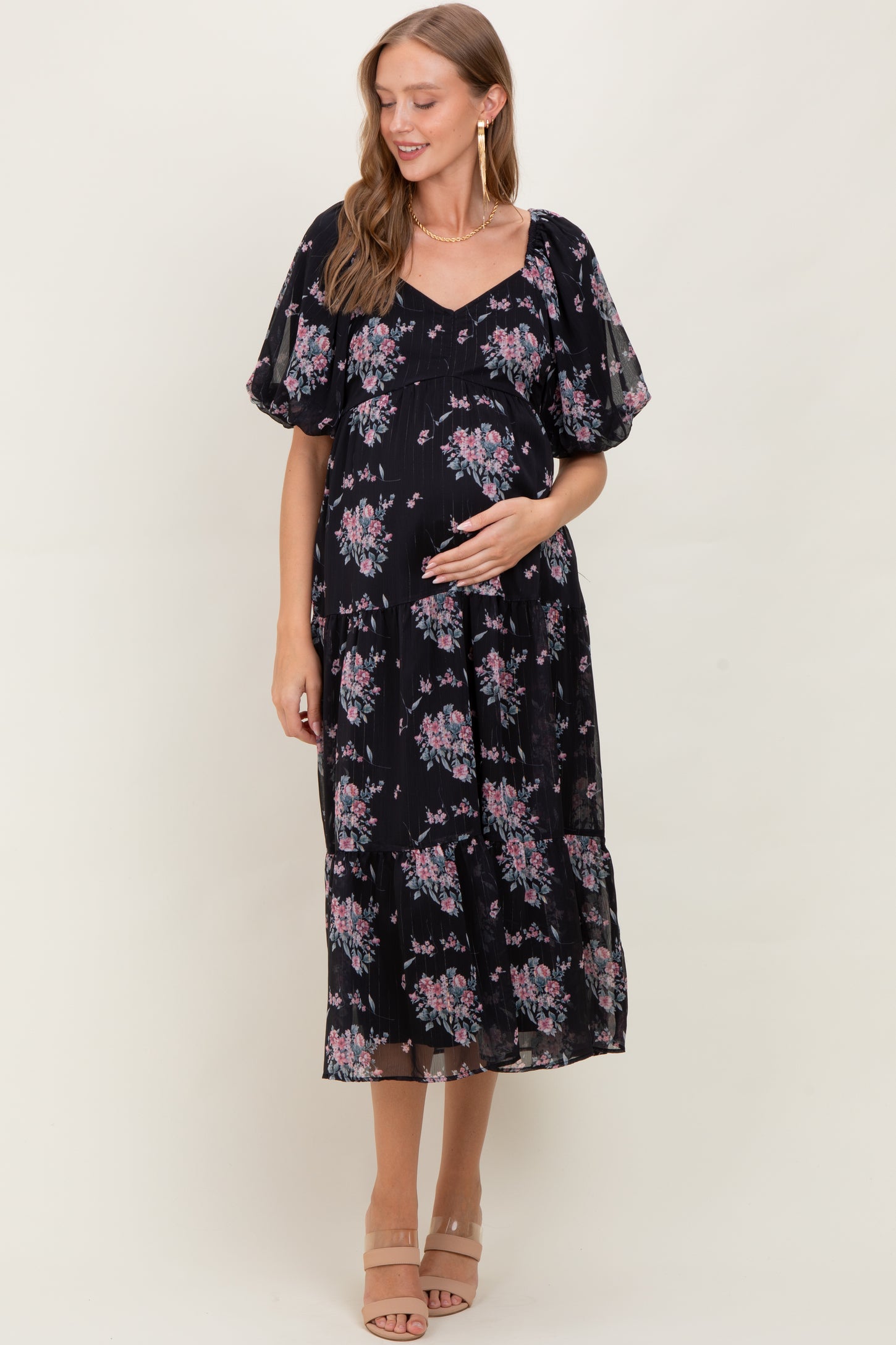 Black Floral Striped Puff Sleeve Maternity Midi Dress