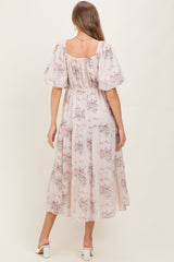 Cream Floral Striped Puff Sleeve Maternity Midi Dress