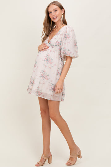 Cream Floral Striped V-Neck Cutout Maternity Mini Dress