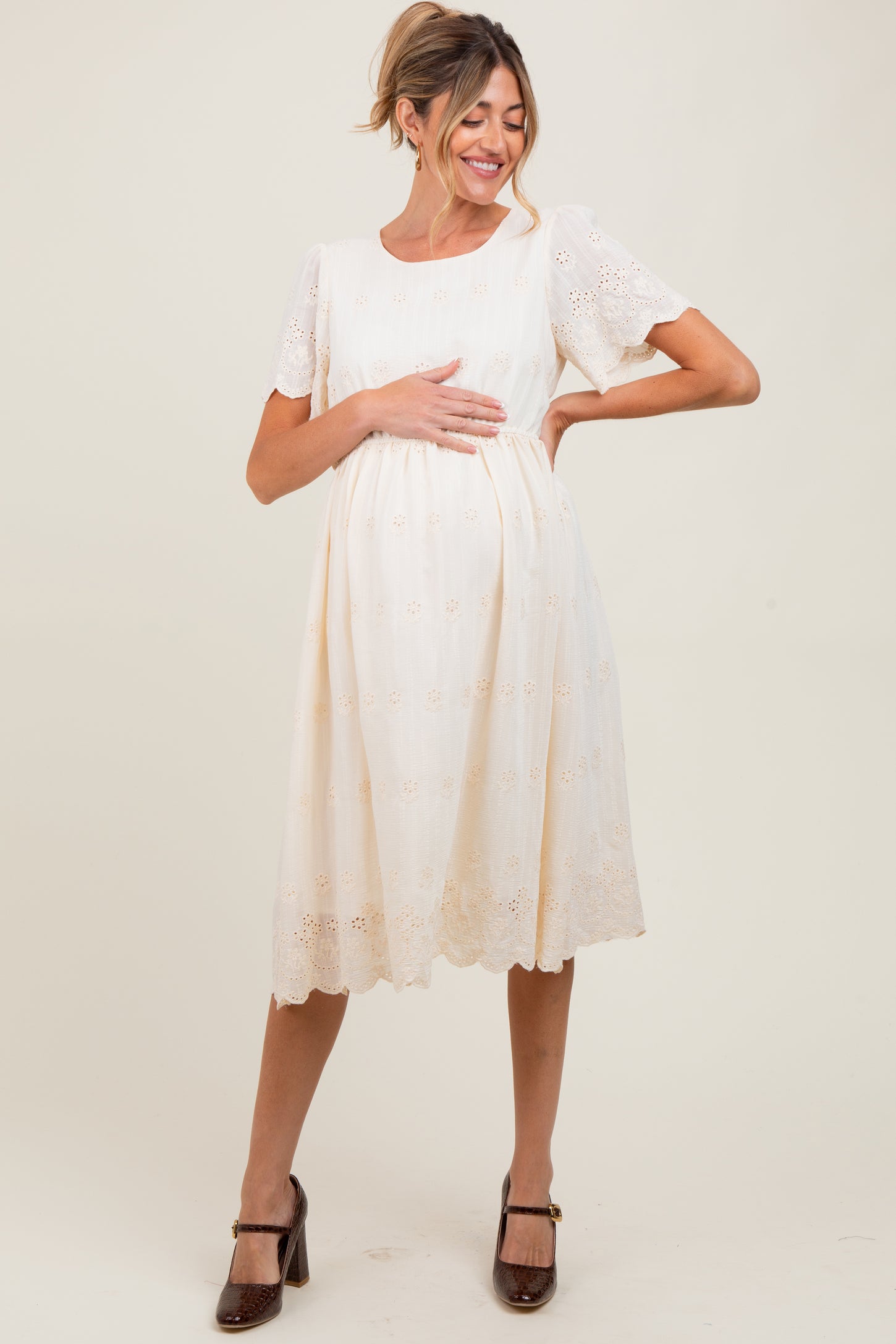 Cream Eyelet Lace Scallop Hem Maternity Midi Dress