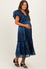 Navy Organza Puff Sleeve Maternity Midi Dress