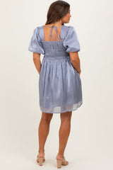 Silver Organza Smocked Puff Sleeve Maternity Mini Dress