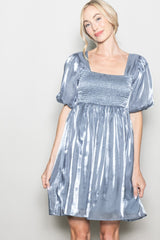 Silver Organza Smocked Puff Sleeve Mini Dress