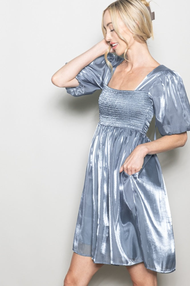 Silver Organza Smocked Puff Sleeve Mini Dress