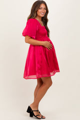 Red Organza Smocked Puff Sleeve Maternity Mini Dress