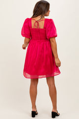 Red Organza Smocked Puff Sleeve Maternity Mini Dress
