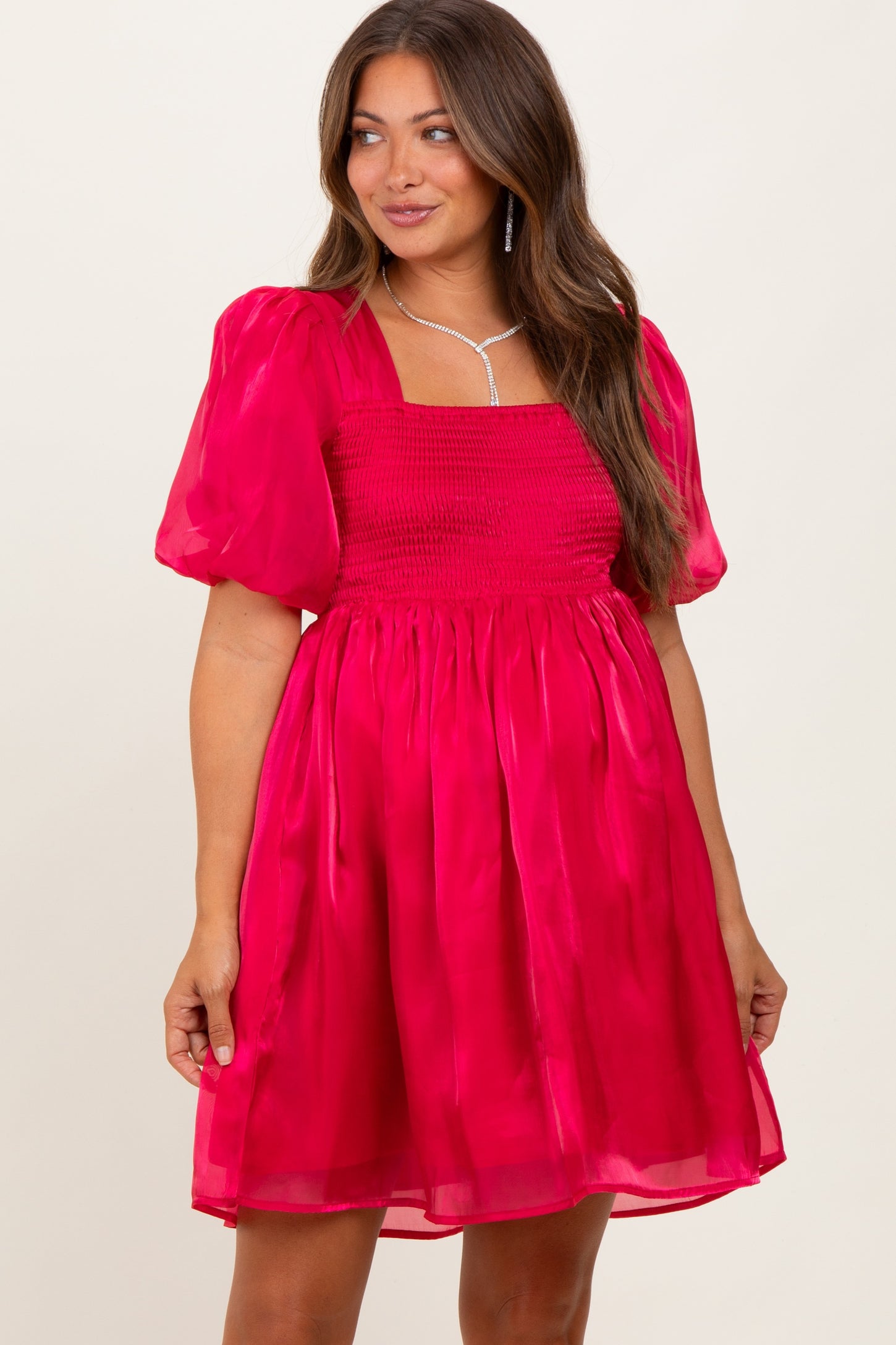 Red Organza Smocked Puff Sleeve Maternity Mini Dress