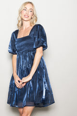 Navy Organza Smocked Puff Sleeve Mini Dress