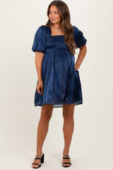 Navy Organza Smocked Puff Sleeve Maternity Mini Dress
