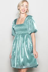 Light Teal Organza Smocked Puff Sleeve Mini Dress