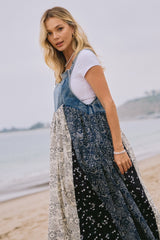 Blue Floral Colorblock Print Denim Contrast Dress