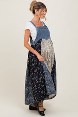 Blue Floral Colorblock Print Denim Contrast Maternity Dress