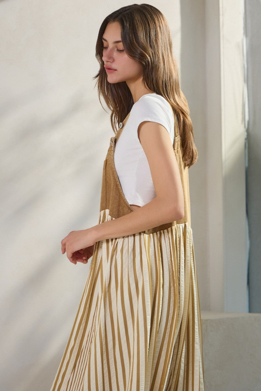 Camel Striped Colorblock Denim Contrast Maxi Dress