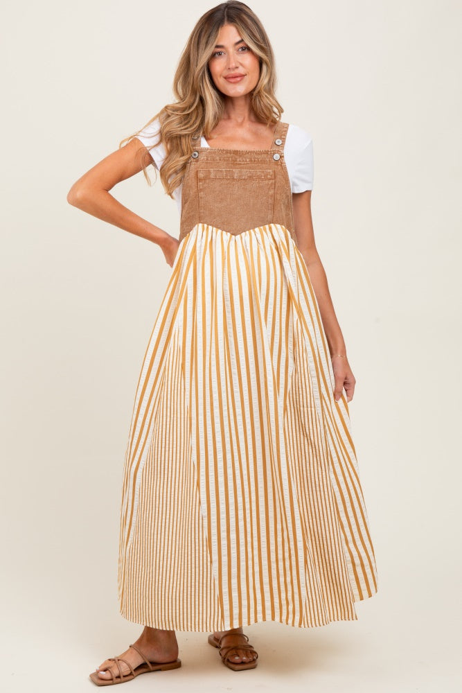 Camel Striped Colorblock Denim Contrast Maternity Maxi Dress